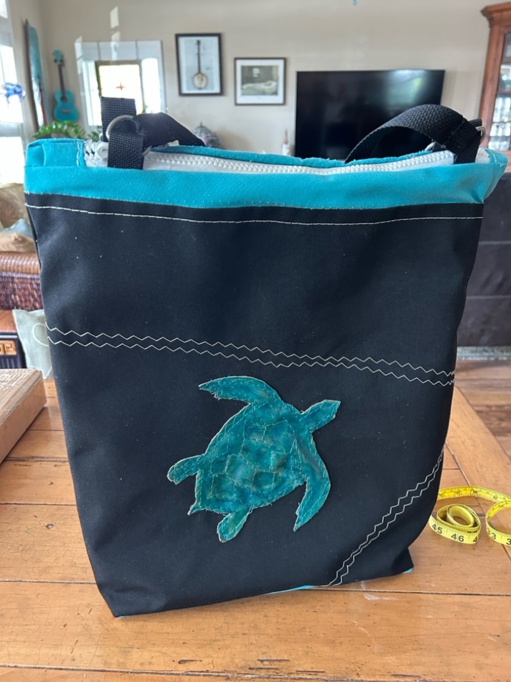 Artisan made large tote with leather  Turtle Applique.